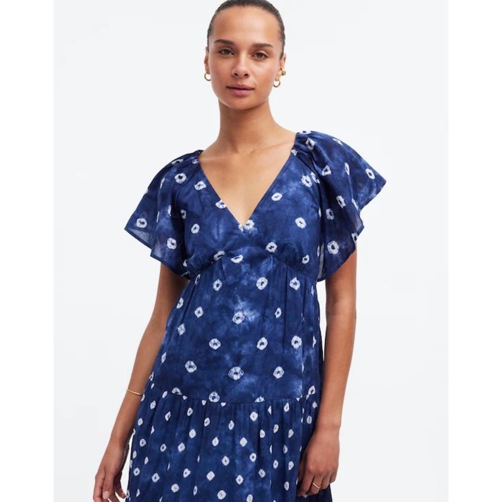 Madewell Tie-Back Flutter-Sleeve Tiered Midi Dress Cotton Shibori Print Sz S